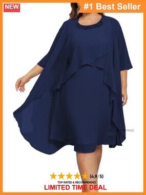 Plus Size 2 Piece Chiffon Dress & Jacket Set Wedding Guest Formal Midi